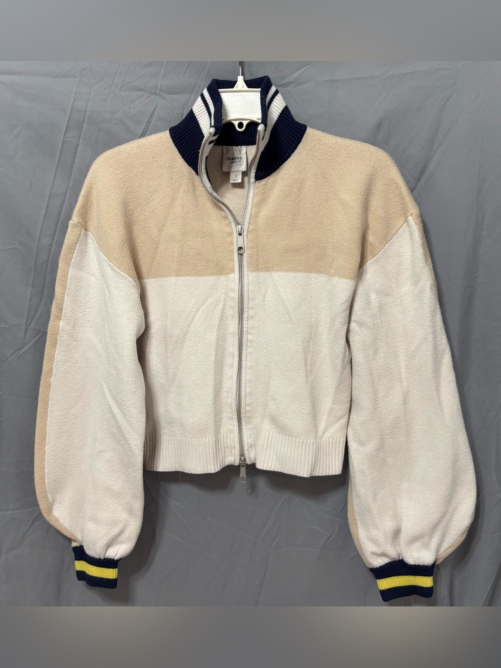 Maeve by Anthropologie Zip-Front Colorblock Cardigan Cropped Letterman Sweater